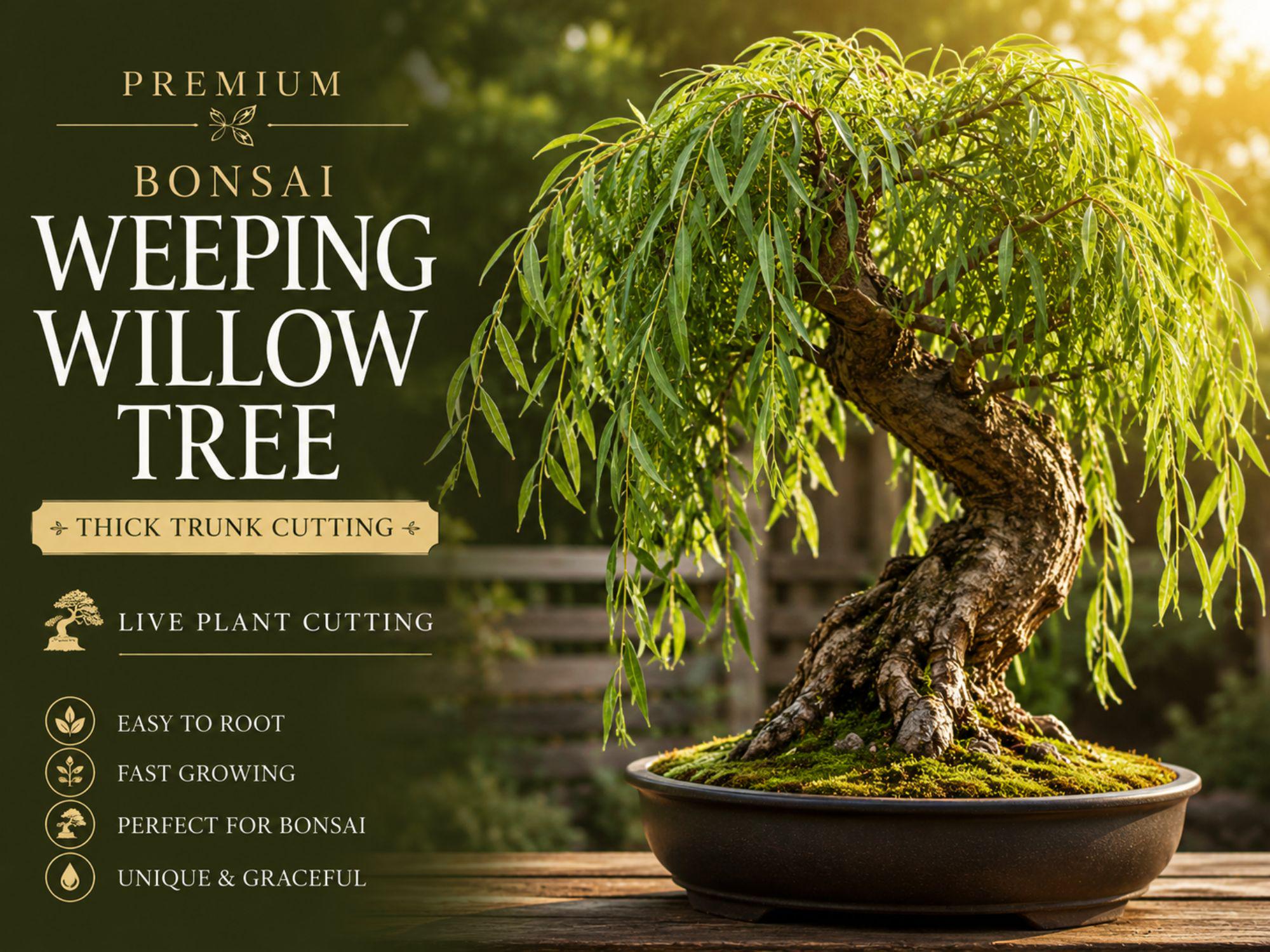 Weeping Willow Cutting | Thick Trunk Live Plant | Salix babylonica Dwarf Bonsai Starter | Deciduous Tree for Bonsai & Landscaping