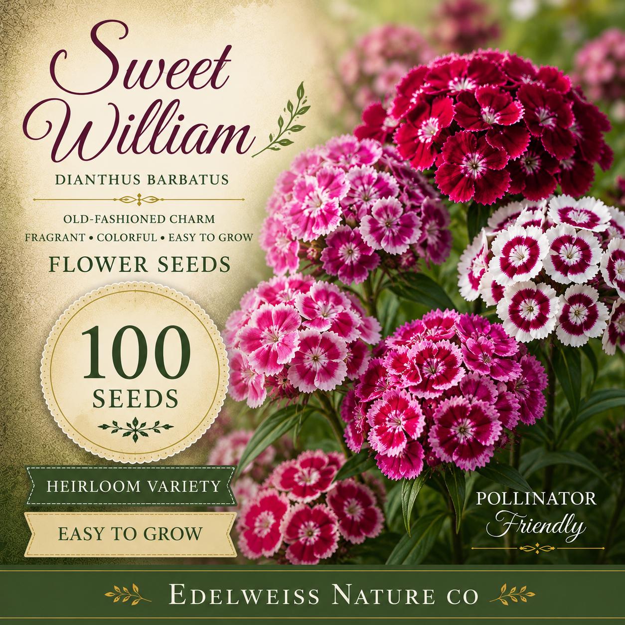 Sweet William Seeds - Heirloom Dianthus barbatus for Cottage Garden, Pollinator-Friendly, Open-Pollinated, Non-GMO