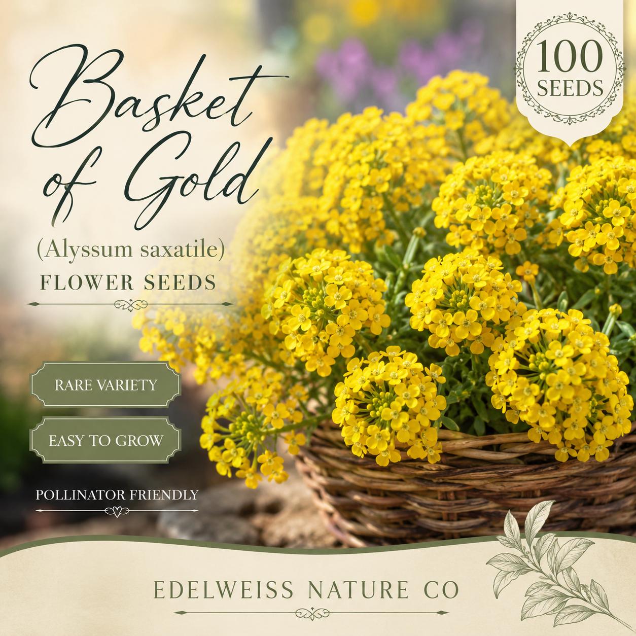 Heirloom Yellow Alyssum Seeds for Rock Gardens, Pollinator Friendly, Non-GMO, Bright Yellow Flowers, Alyssum saxatile, 100 Seeds