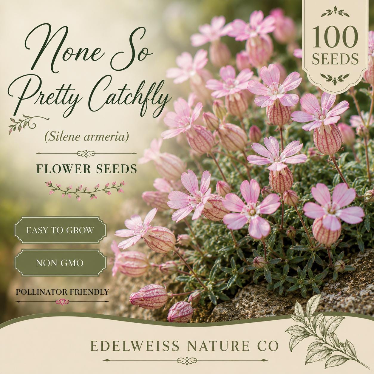Heirloom Pink Wildflower Seeds, Non-GMO Pollinator Garden Plant, Silene armeria, Bright Pink Clusters, Easy-to-Grow Flower Seeds