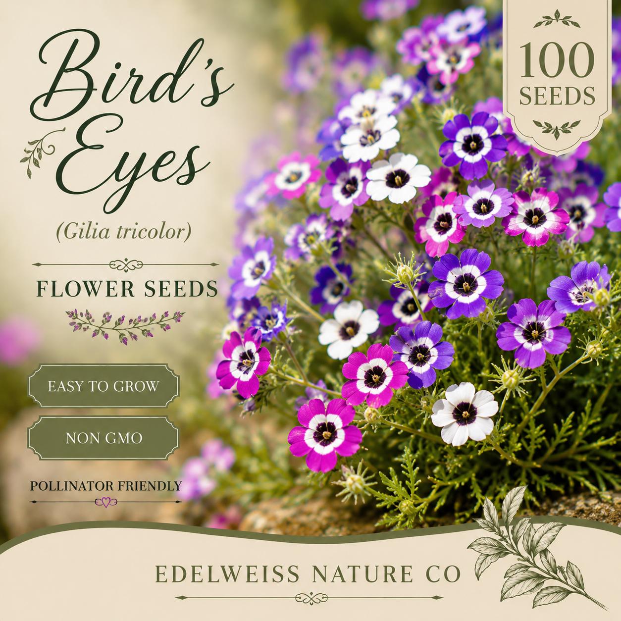 Bird's Eyes Gilia Tricolor Seeds - Heirloom Wildflower, Purple-Blue Flowers, Pollinator-Friendly, Open-Pollinated, Non-GMO