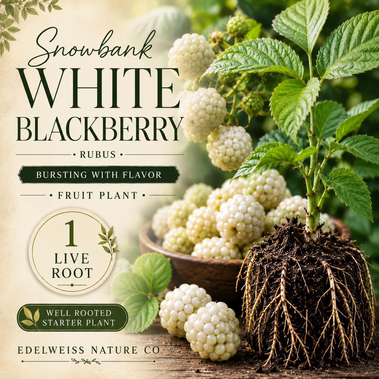Snowbank White Blackberry Plant – Heirloom Non-GMO Rubus hybrid, White Berries, Self-Pollinating, Trailing Growth, Garden Starter