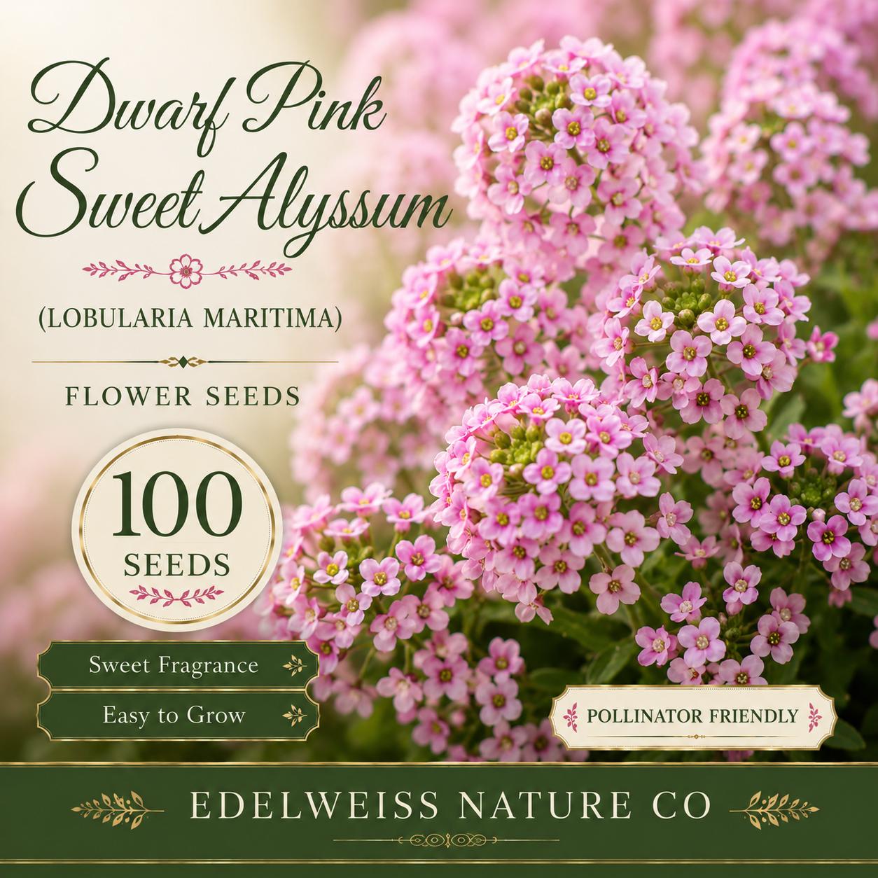 Dwarf Pink Sweet Alyssum Seeds, Fragrant Heirloom Flower, Garden Borders, Lobularia maritima, Non-GMO, 100 Seeds