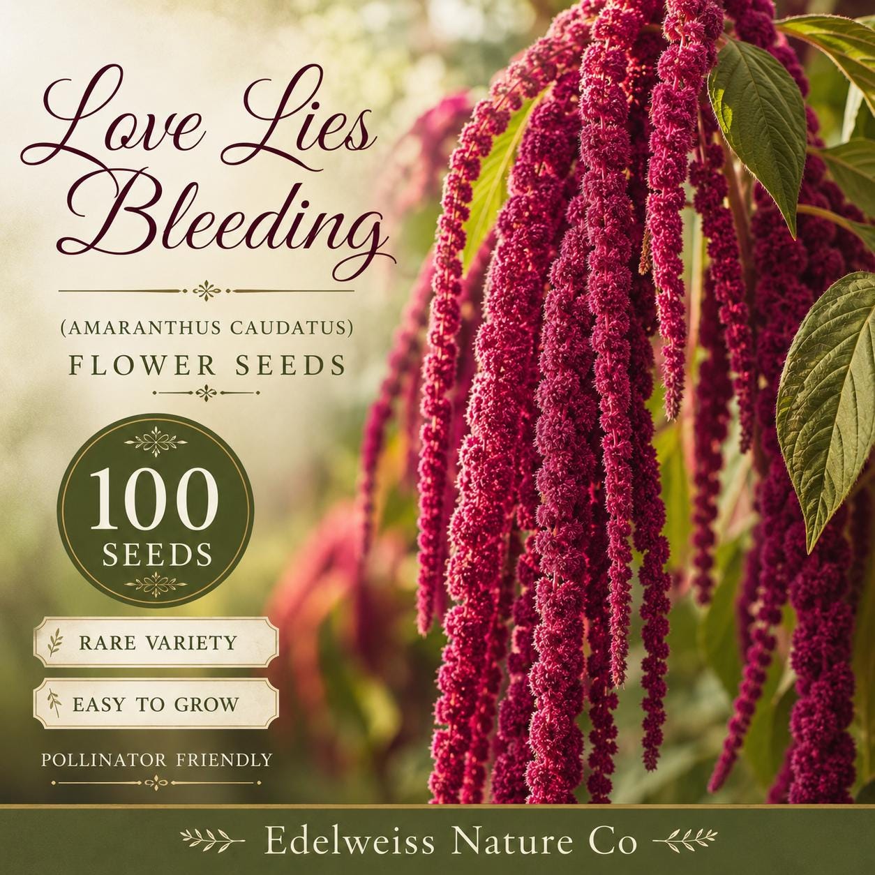 Love Lies Bleeding Seeds, Amaranthus caudatus Heirloom Ornamental Flower for Garden, Cascading Red Blooms, Non-GMO, Open-Pollinated