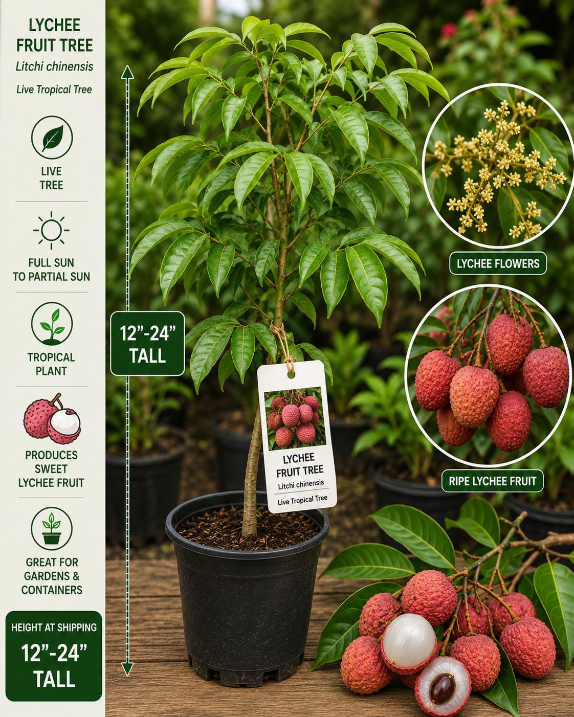 Lychee Live Fruit Tree 12–24 Inches Tall – Litchi chinensis – Tropical Edible Fruit Tree for Backyard Gardens