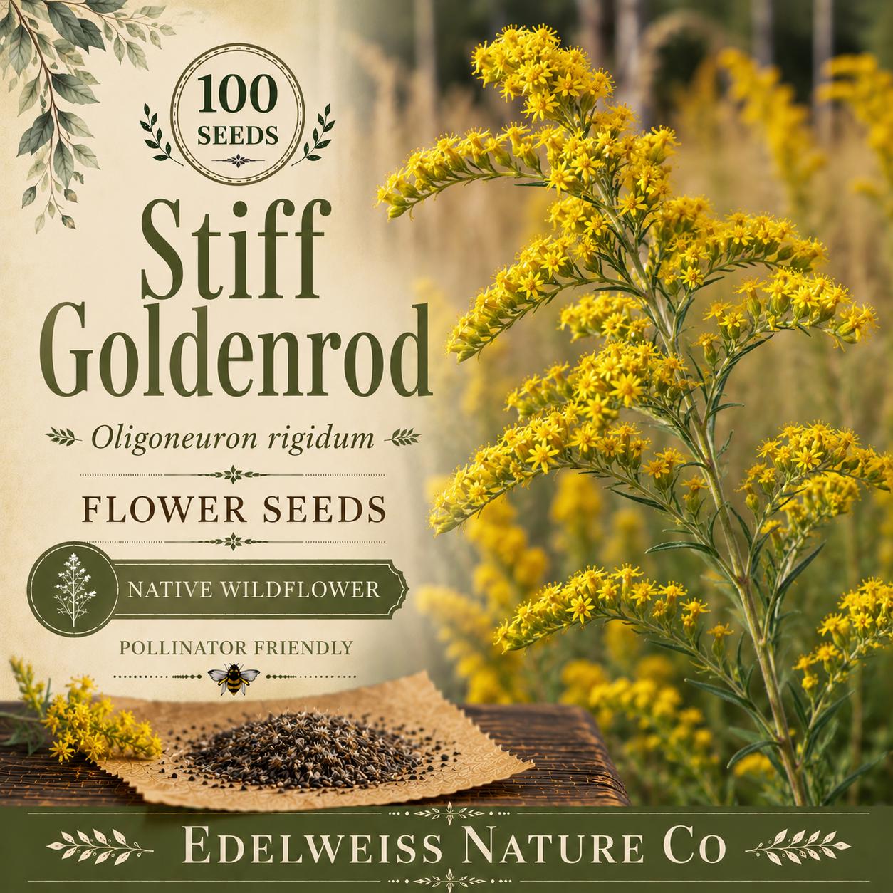 100 Stiff Goldenrod Seeds – Native Prairie Perennial Wildflower – Bright Yellow Blooms – Oligoneuron rigidum Pollinator Plant