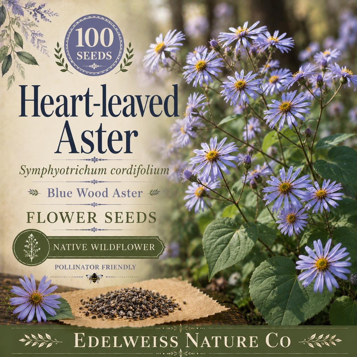Blue Wood Aster Seeds – Native Pollinator Wildflower, Lavender-Blue Flowers, Symphyotrichum cordifolium, 100 Seeds
