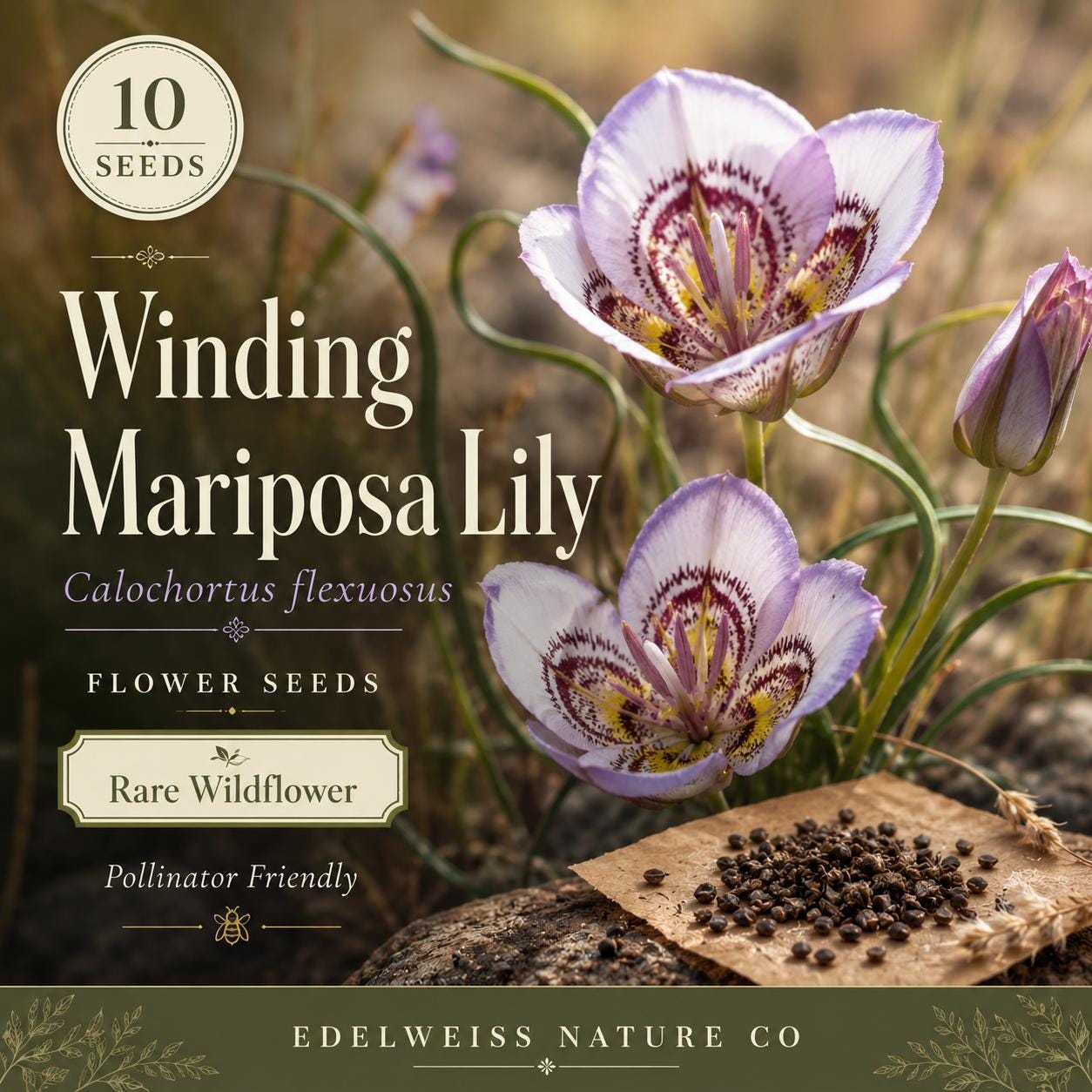 10 Winding Mariposa Lily Seeds – Desert Wildflower Bulb, Calochortus flexuosus, Lavender Pink, Native Perennial, Drought-Tolerant
