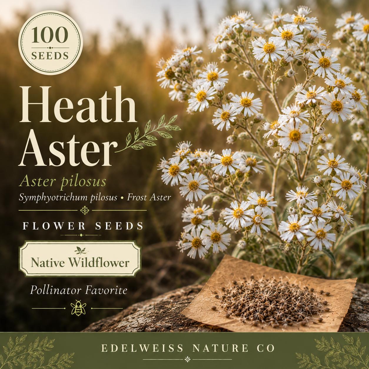 Heath Aster Seeds – Symphyotrichum Pilosus, Native Pollinator Wildflower, White Daisy-Like Blooms, Fall-Blooming Perennial, 100 Seeds