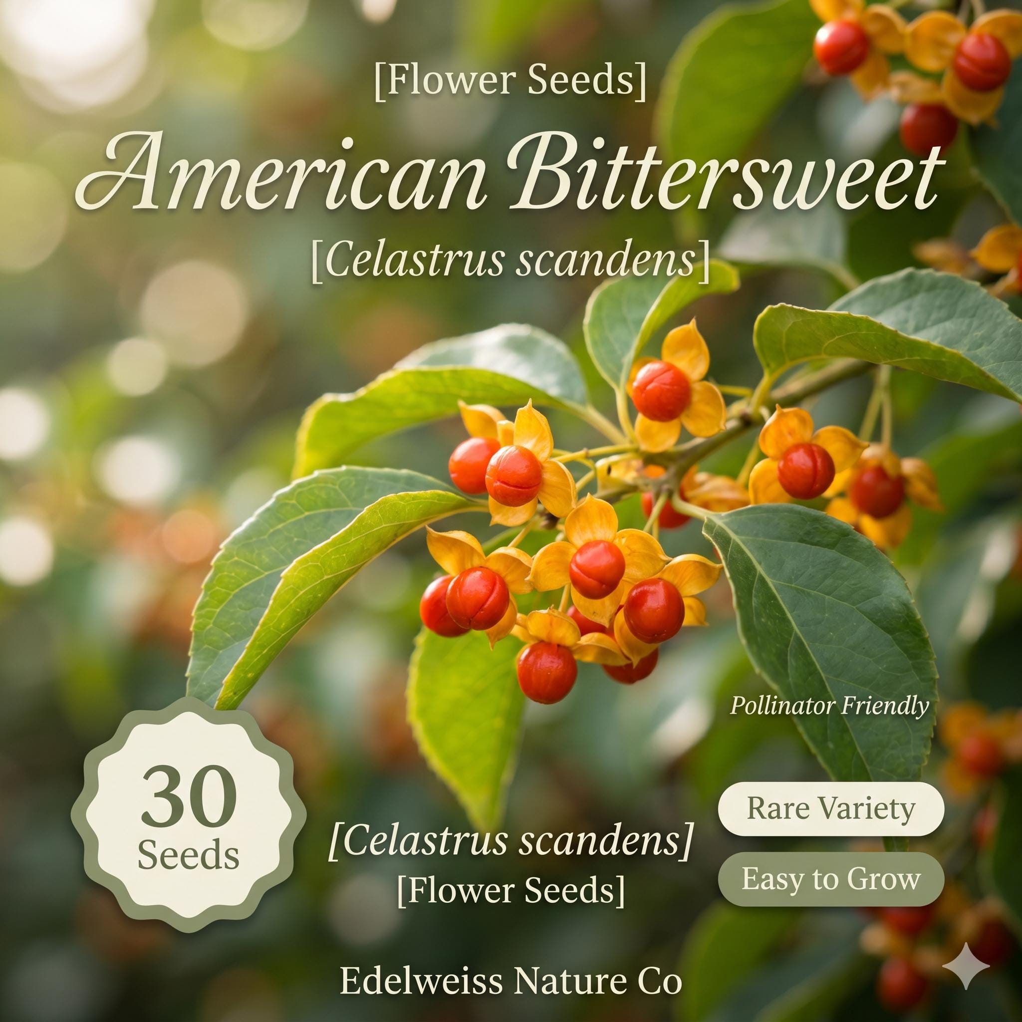 American Bittersweet Seeds – Native Climbing Vine with Orange & Red Berries – Celastrus scandens, 30 Seeds