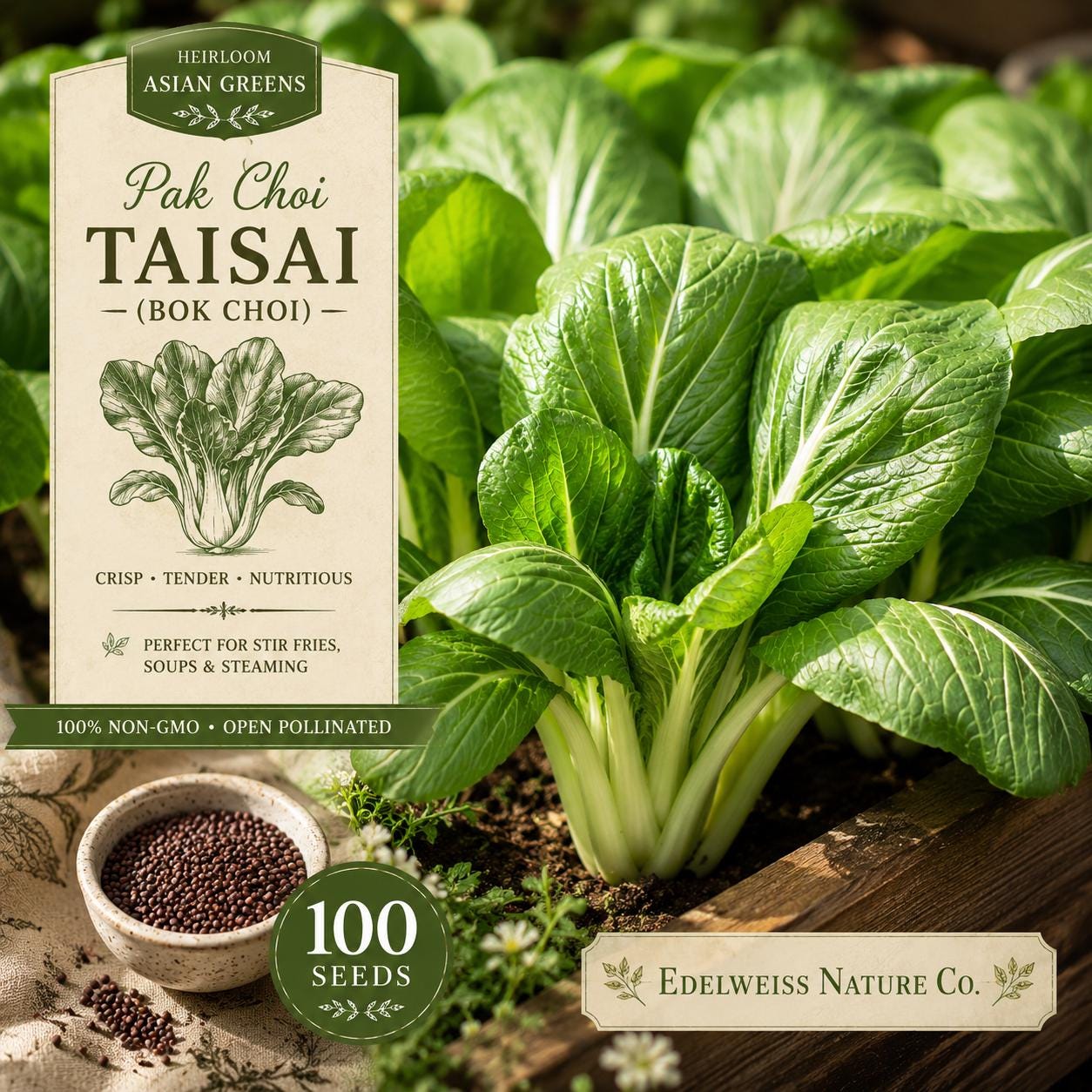 Pak Choi Taisai Seeds | Heirloom Non-GMO Asian Greens for Kitchen Gardens, Leafy Vegetable, Brassica rapa subsp. chinensis