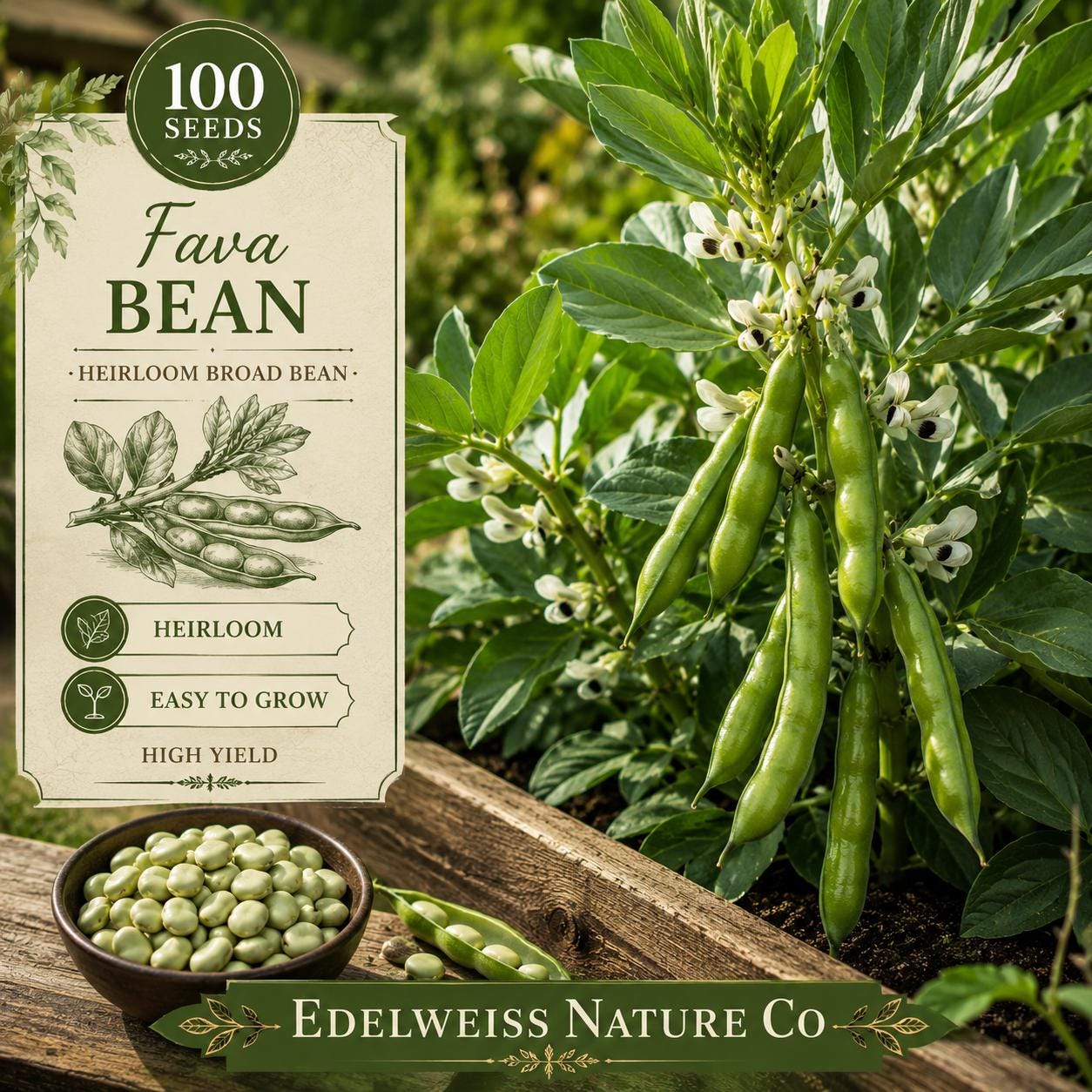 Heirloom Fava Bean Seeds | Broad Bean Vegetable, Easy Grow, High Yield, Vicia faba, Organic, Non-GMO, 10 Pack