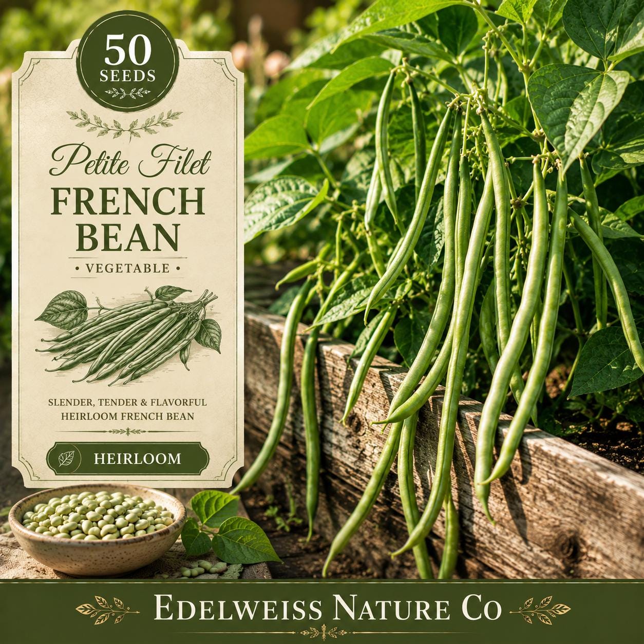 Petite Filet French Bean Seeds – Heirloom, Organic, Gourmet Edible Garden Vegetable, Phaseolus vulgaris, 50 Seeds