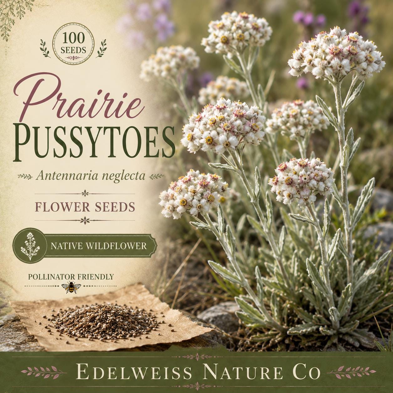 Antennaria neglecta Seeds – Prairie Pussytoes Ground Cover Native Wildflower Non-GMO Heirloom Pollinator Plant