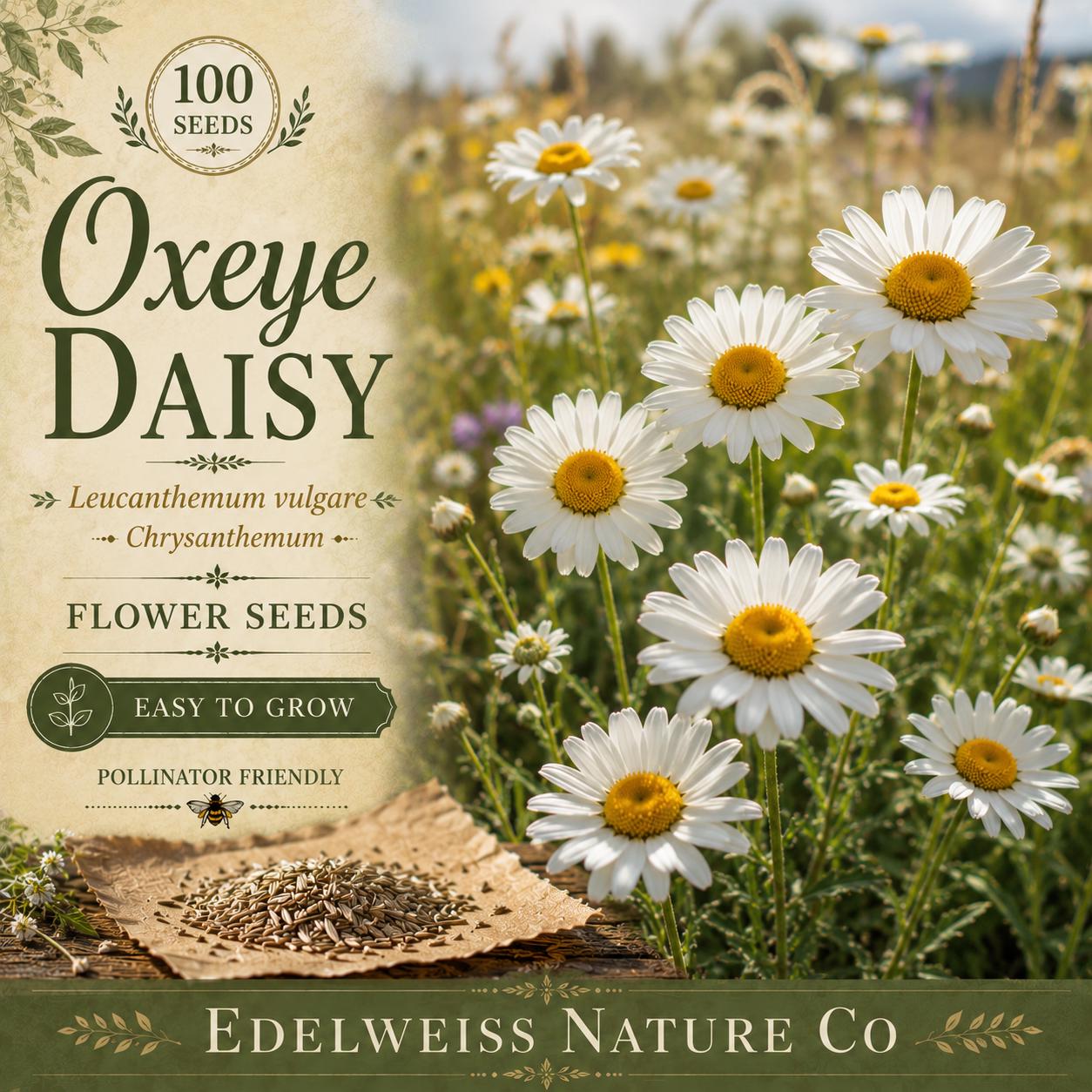 Leucanthemum vulgare Oxeye Daisy Seeds – Heirloom Non-GMO Wildflower Meadow Garden Plant, White Flowers, 100 Seeds