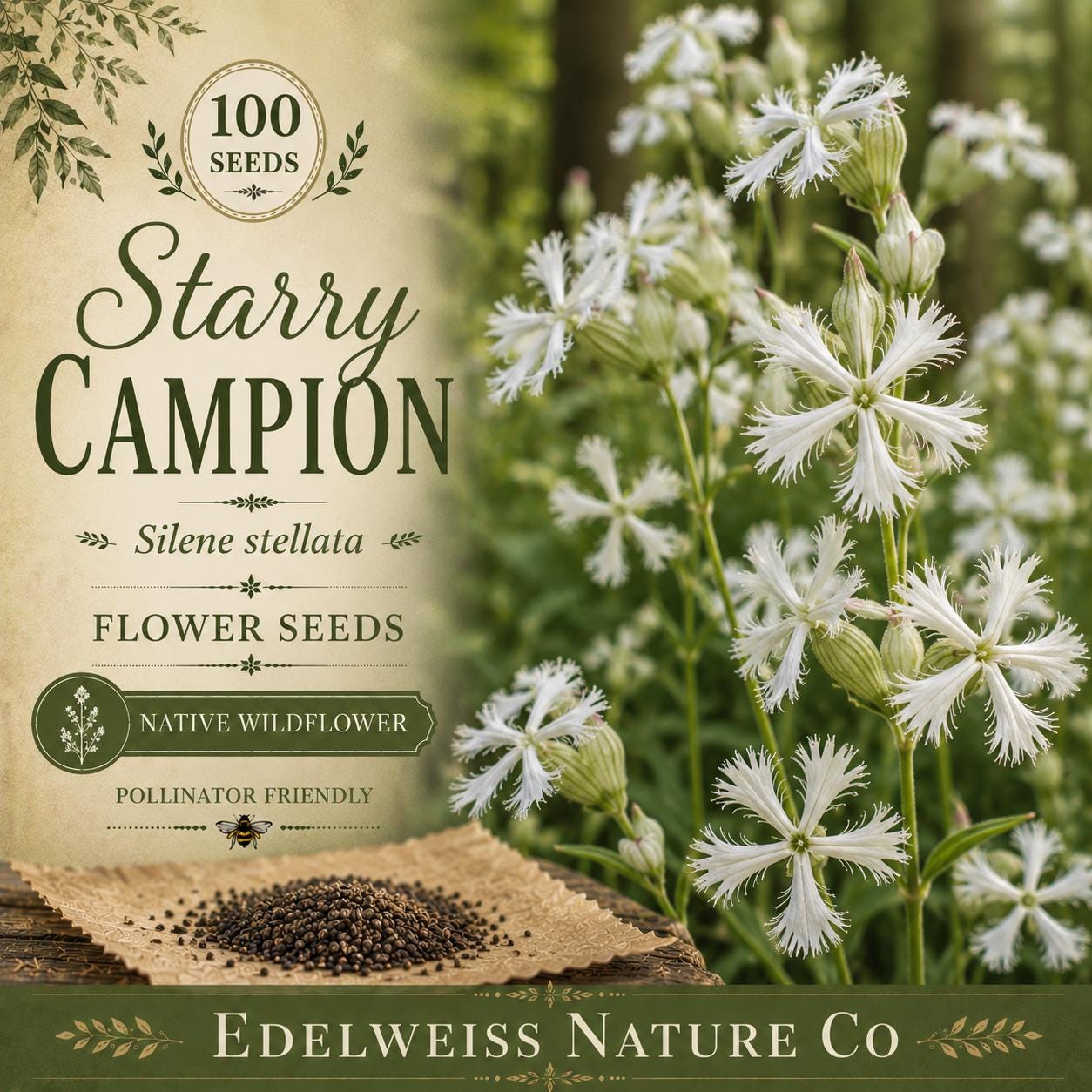 Silene stellata Seeds – Heirloom Non-GMO White Woodland Wildflower for Shade Gardens, 100 Seeds