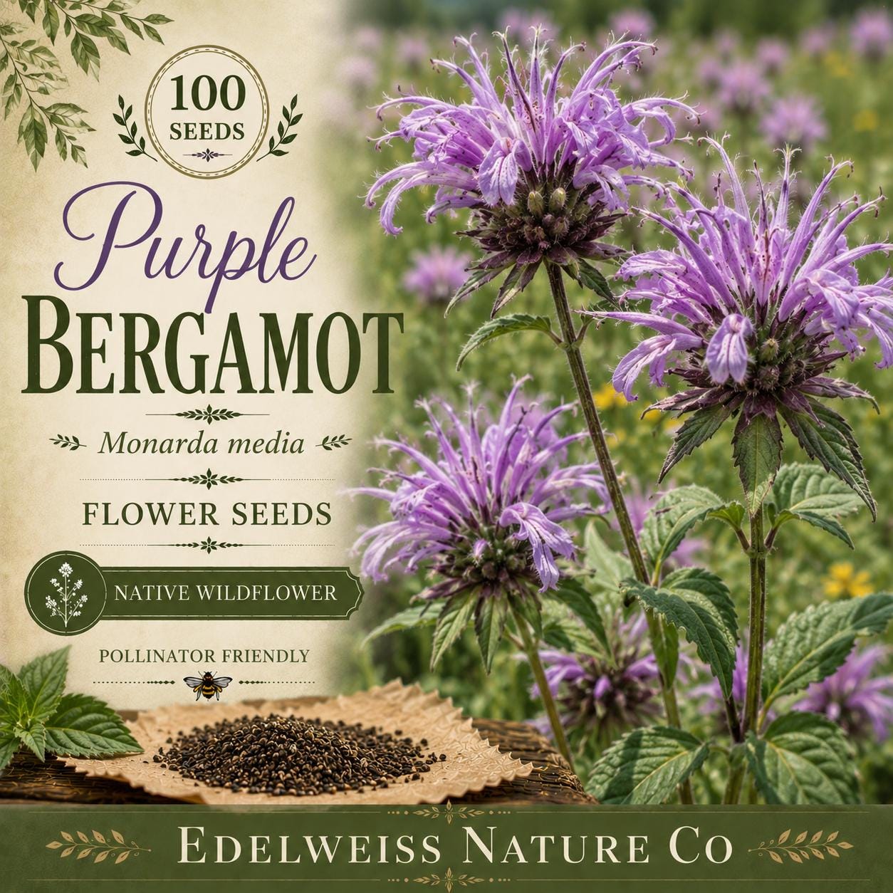 Purple Bergamot Seeds – Heirloom Monarda media for Pollinator Gardens, Non-GMO, Open-Pollinated, Wildflower, Native Perennial
