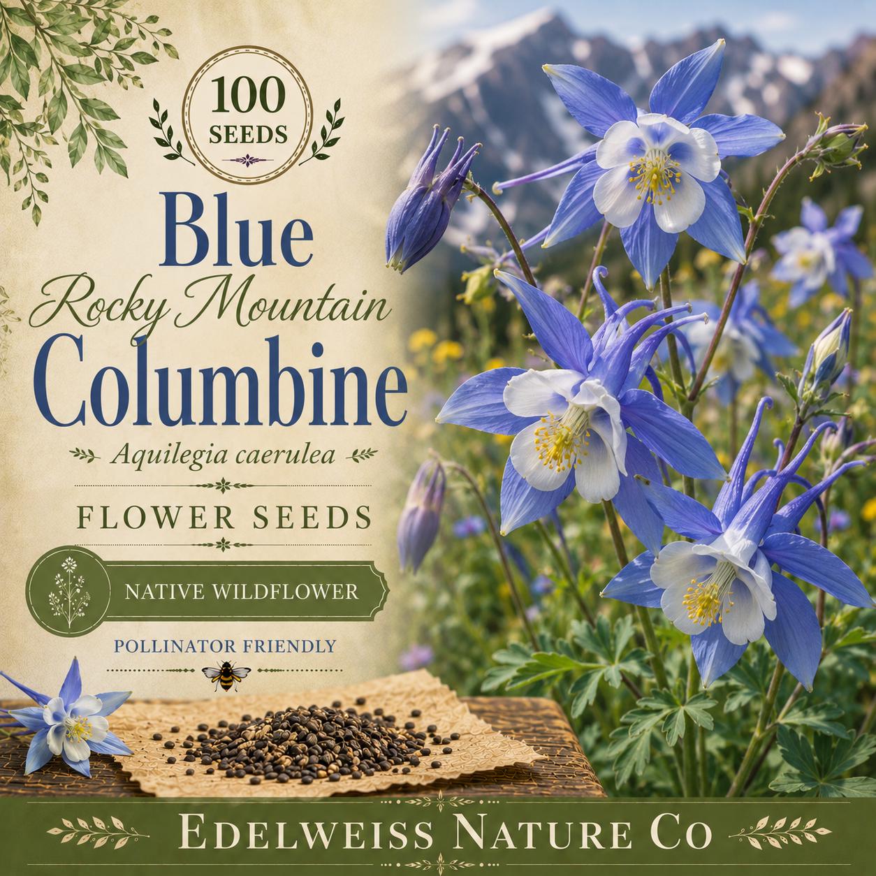 Aquilegia caerulea Blue Rocky Mountain Columbine Seeds – Heirloom, Non-GMO, Pollinator Wildflower for Shade Gardens