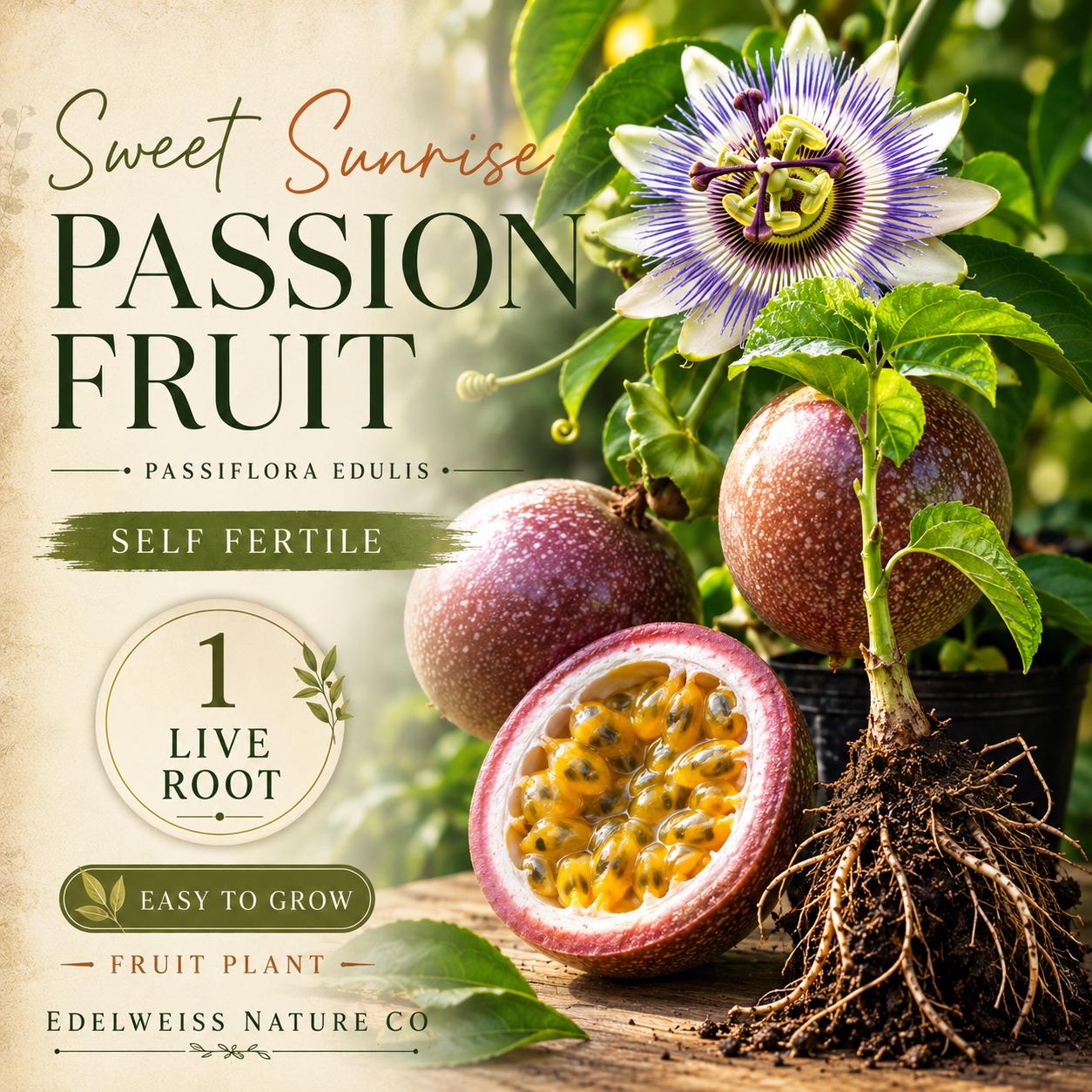 Sweet Sunrise Passion Fruit Plant – Self-Fertile Climbing Vine Starter Passiflora edulis for Home Garden