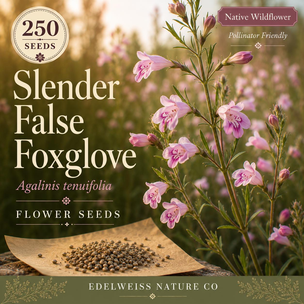 Agalinis Tenuifolia Seeds – 250 Native Pink Wildflower for Prairie Gardens, Pollinator Habitat, Sandy Soil, Annual Plant
