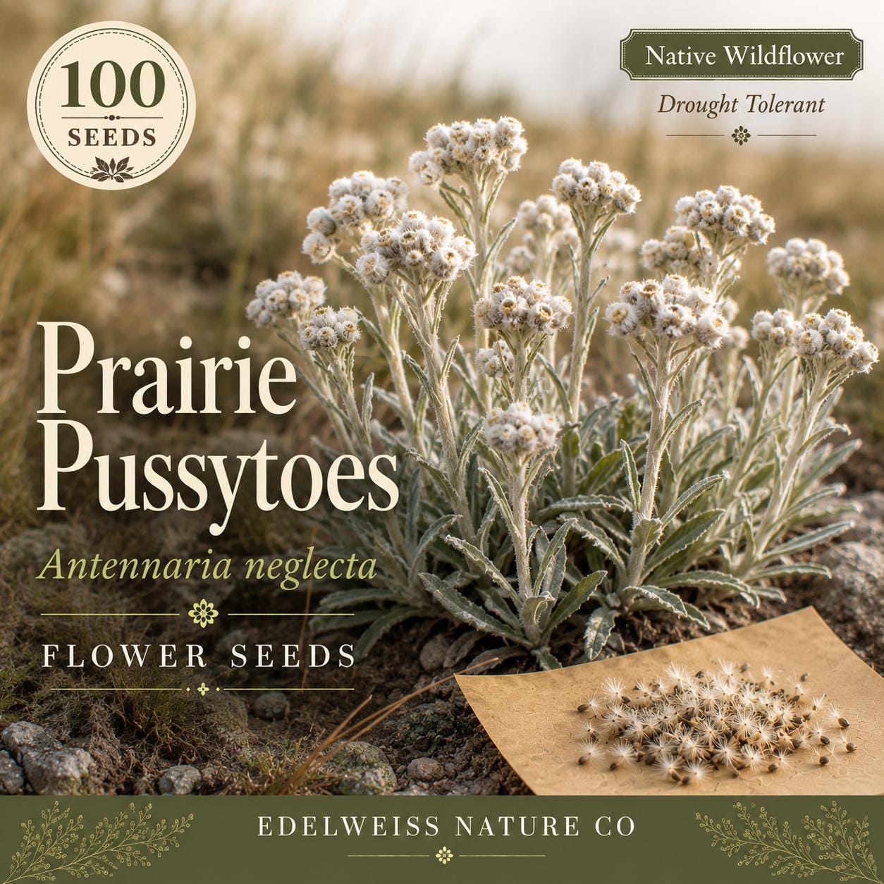 Antennaria neglecta Seeds – Prairie Pussytoes Groundcover – Drought Tolerant Native Wildflower – Pollinator Plant for Xeriscape & Prairie Gardens