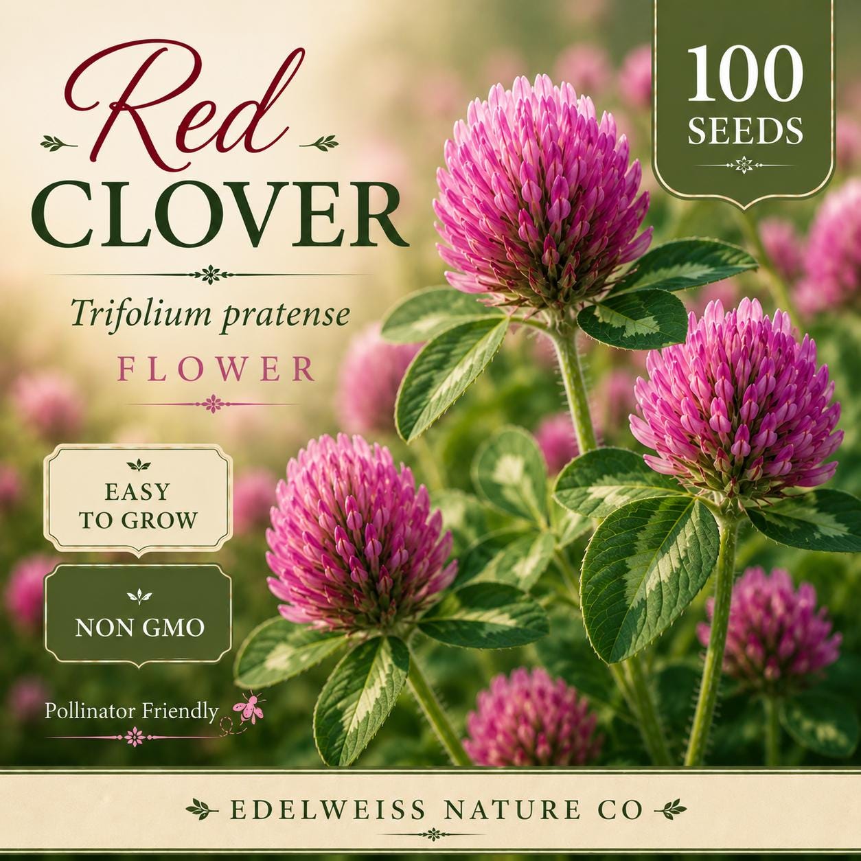 Red Clover Seeds – Heirloom, Non-GMO, Pollinator-Friendly, Trifolium pratense, Soft Pink-Red Blooms, Garden Flower Seeds