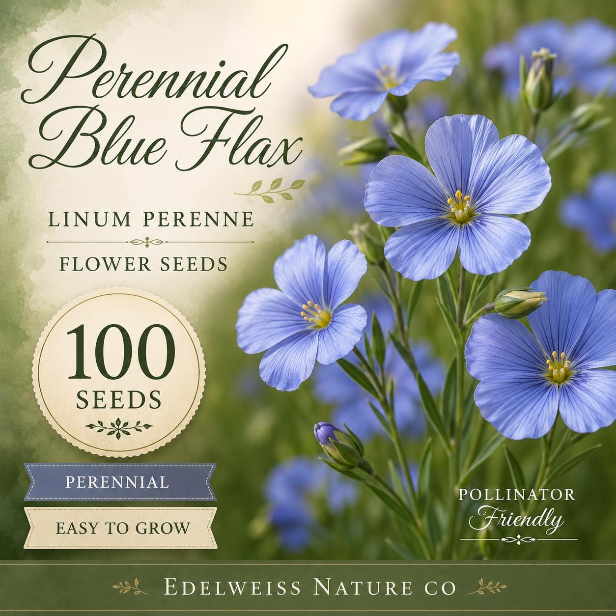 Perennial Blue Flax Seeds - Heirloom Non-GMO Wildflower for Garden, Pollinators, Linum perenne