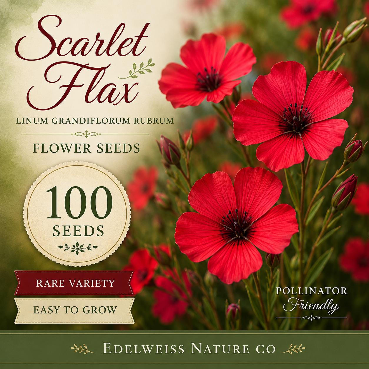 Scarlet Flax Seeds 100 Non-GMO Heirloom Wildflower Planting Linum grandiflorum rubrum