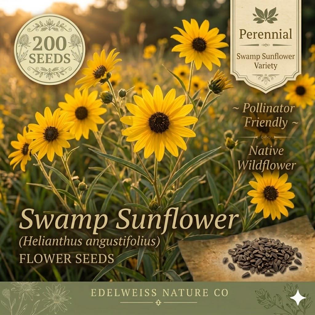 Swamp Sunflower Seeds – 200 Helianthus angustifolius Native Perennial Seeds for Pollinator Gardens, Rain Gardens, and Wildlife Habitats