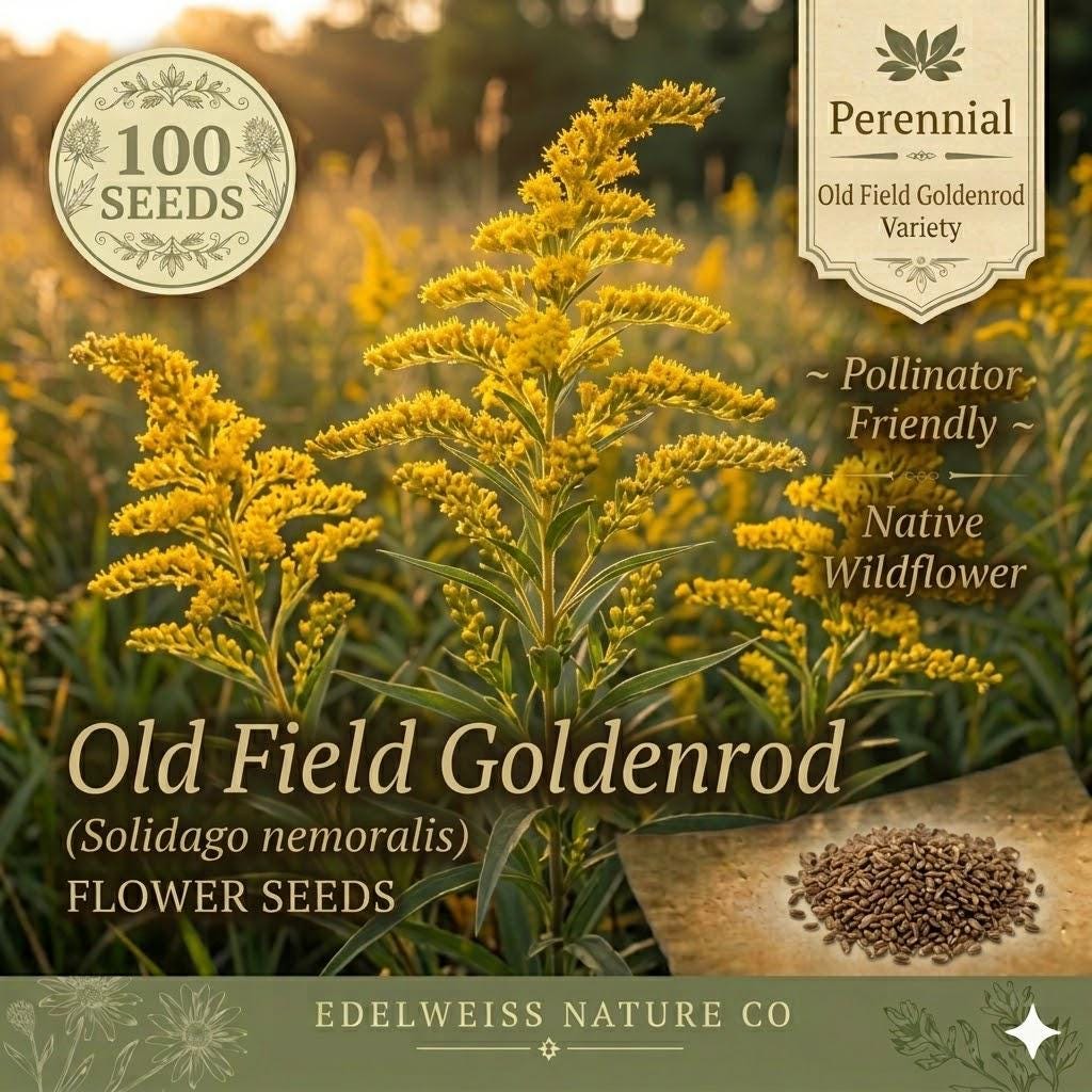 Old Field Goldenrod Seeds – 100 Native Wildflower Seeds for Prairie Gardens, Pollinator Support, Drought Tolerance – Solidago nemoralis