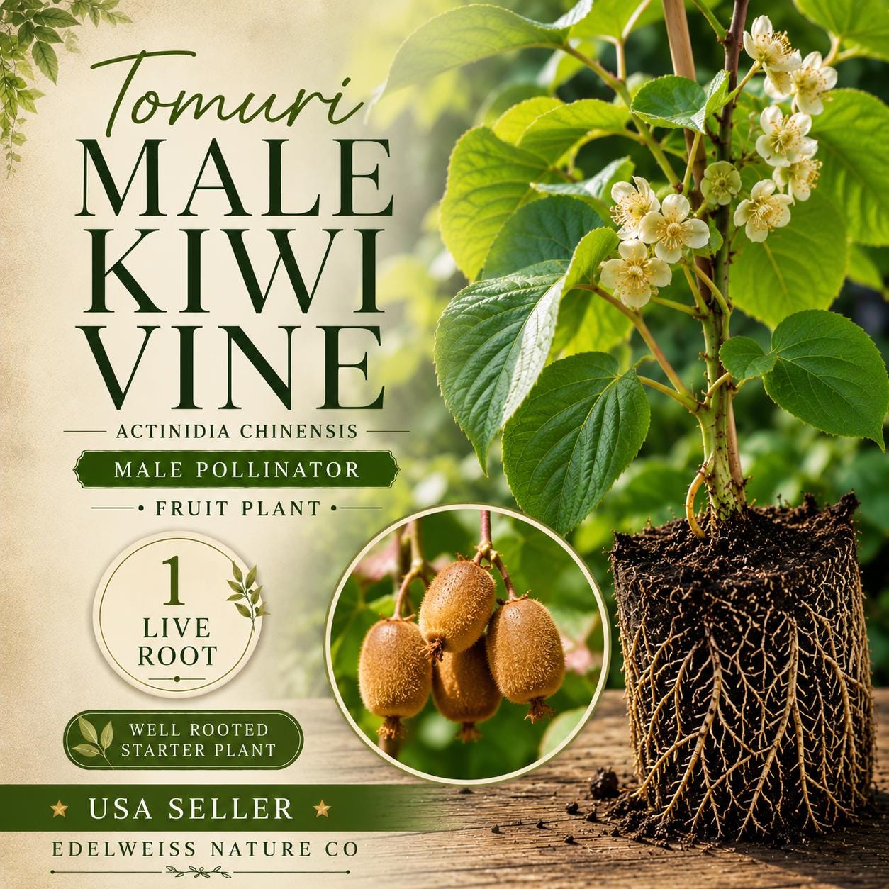 Tomuri Male Kiwi Vine Starter Plant – Actinidia chinensis Heirloom Pollinator for Female Kiwi Fruit Production