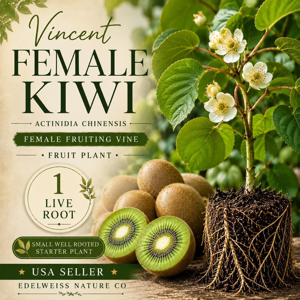 Vincent Female Kiwi Vine - Heirloom Non-GMO Fruit Plant for Home Garden - Actinidia chinensis, Climbing, Edible Kiwi Plant