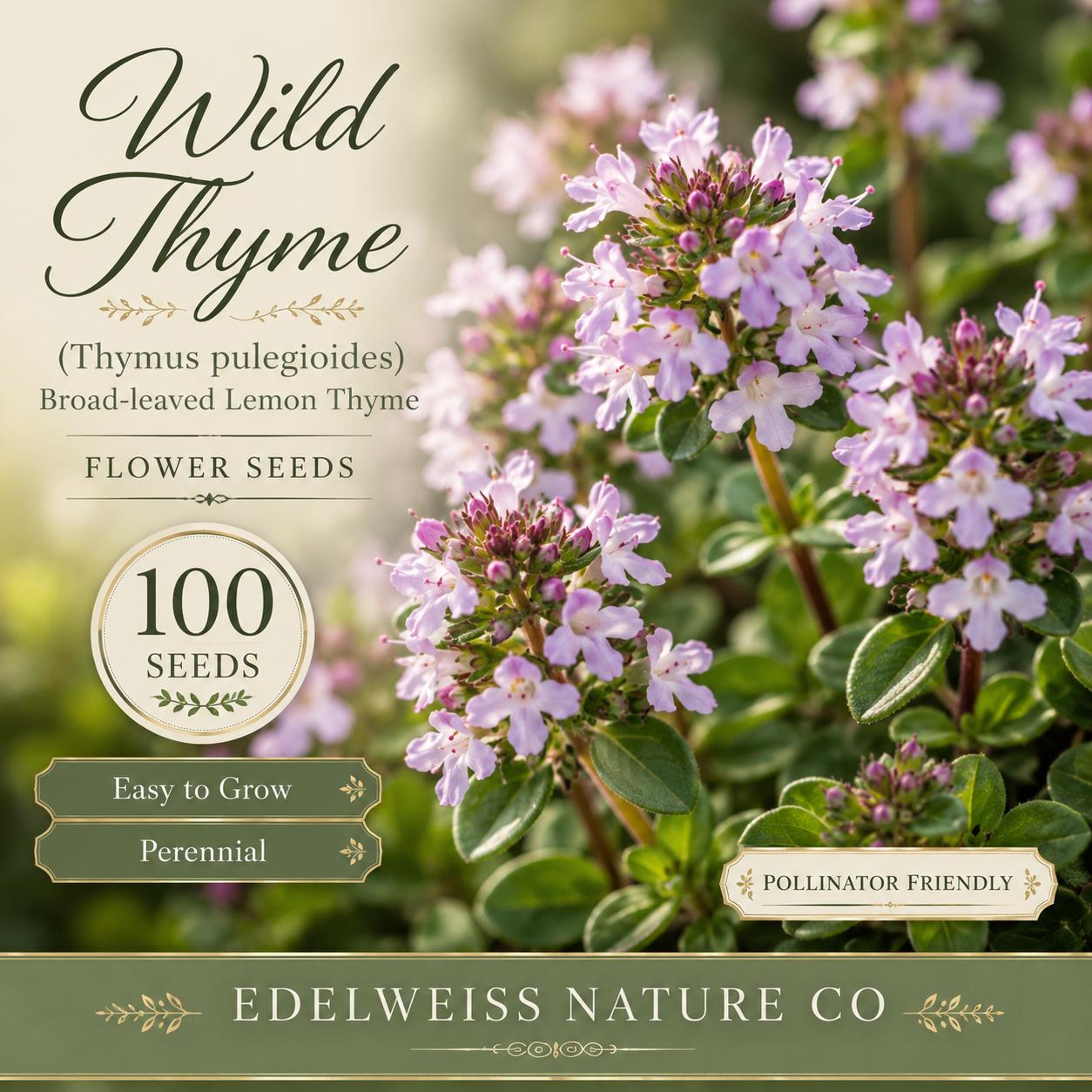 Heirloom Lemon Thyme Seeds - Broad-leaved Herb Ground Cover, Pollinator Plant, Thymus pulegioides, Aromatic, Non-GMO, Open-Pollinated