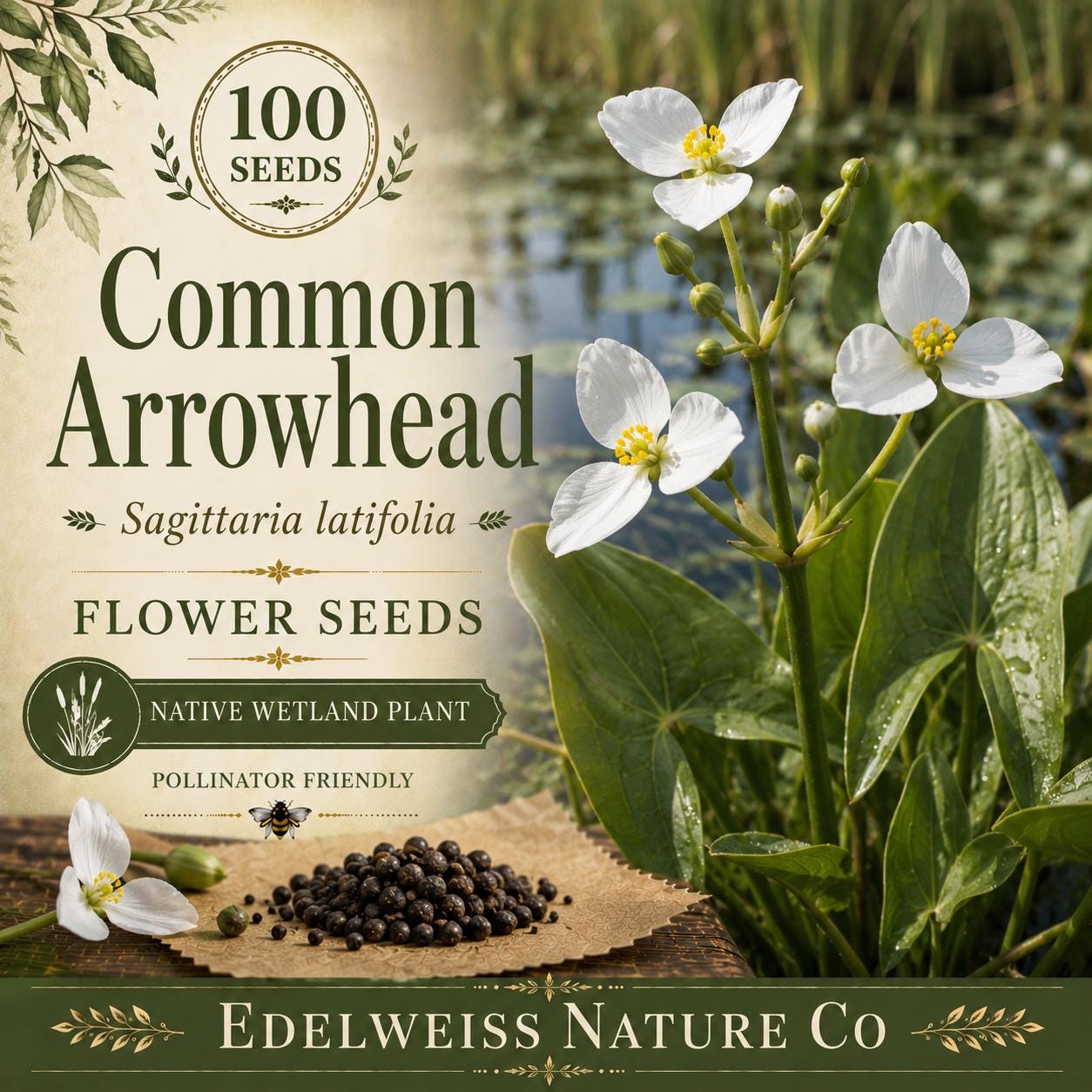 100 Common Arrowhead Seeds – Native Aquatic Wetland Plant Sagittaria latifolia for Water Gardens & Restoration