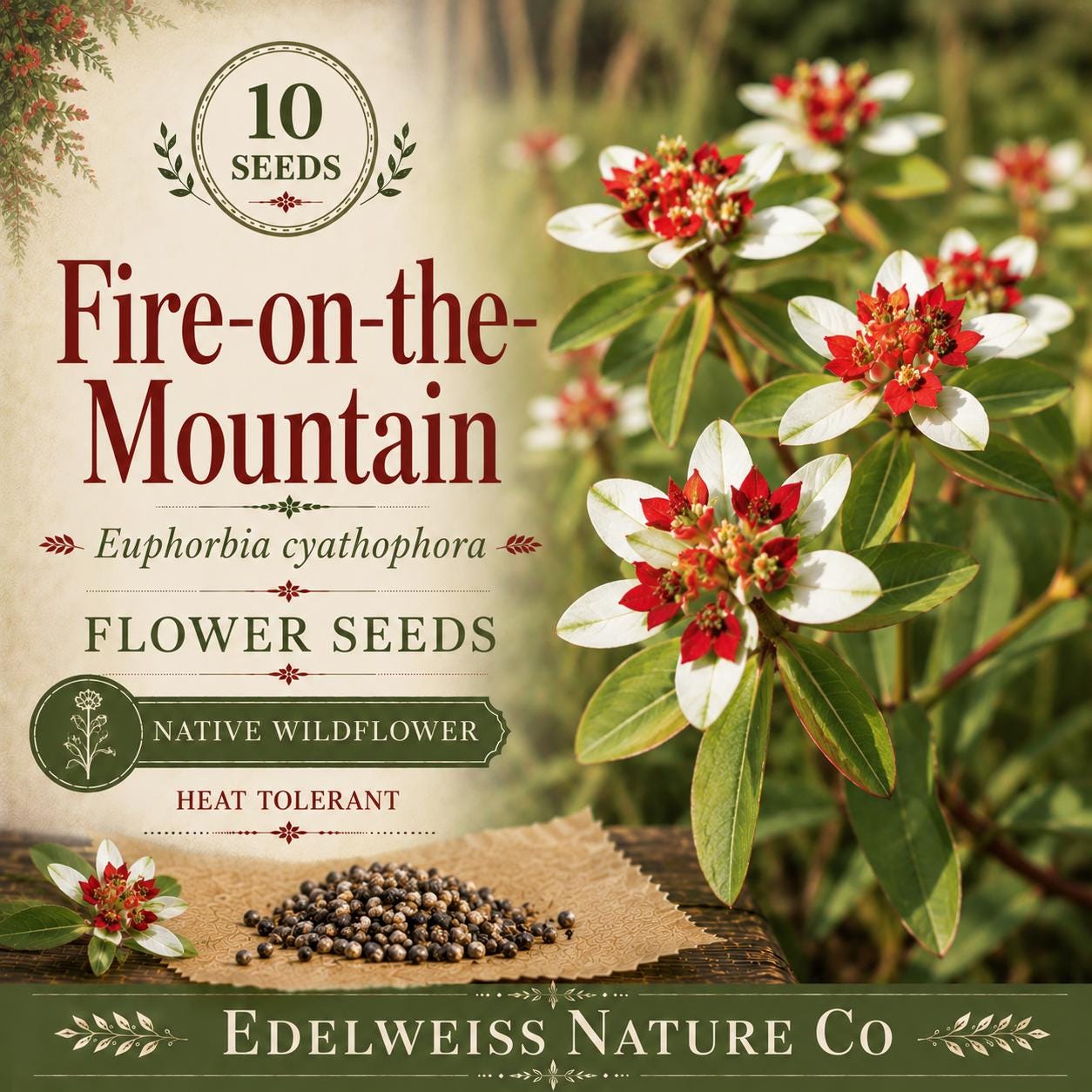 Fire-on-the-Mountain Seeds – 10 Euphorbia cyathophora Annual Wildflower with Red & Green Foliage for Sunny Gardens