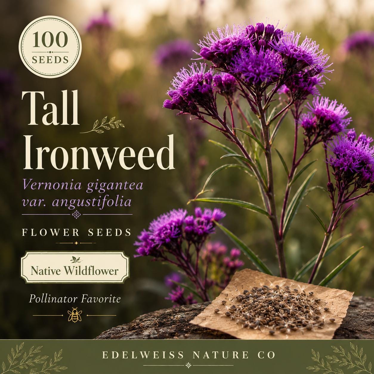 Tall Ironweed Seeds – 100 Vernonia angustifolia Native Purple Wildflower for Pollinator Gardens, Prairie, Meadow, Late-Season Color
