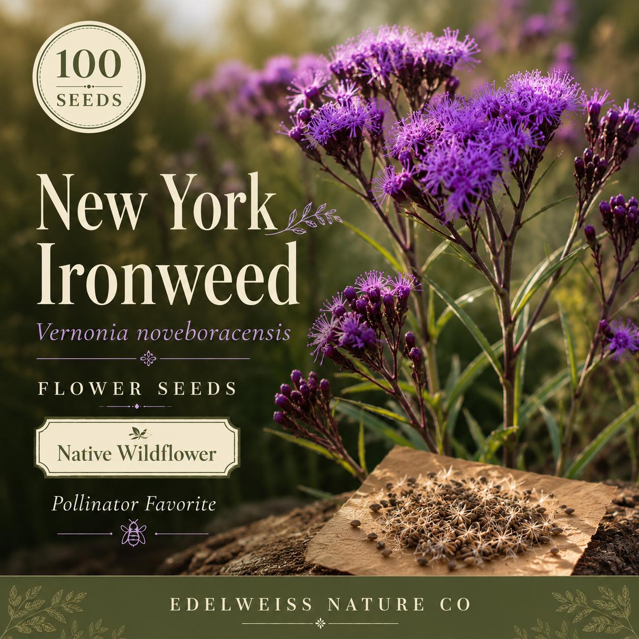 New York Ironweed Seeds – 100 Native Purple Wildflower Seeds for Fall Blooming, Vernonia noveboracensis, Perennial Pollinator Plant