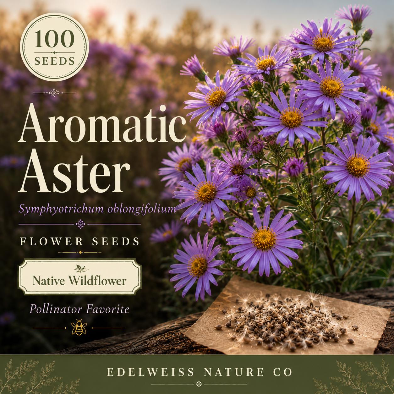 Aromatic Aster Seeds – Native Purple Wildflower, Pollinator Plant, Symphyotrichum oblongifolium, 100 Seeds