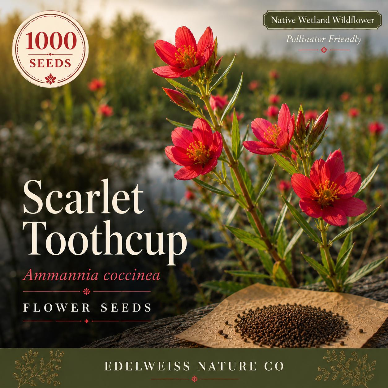 1000 Scarlet Toothcup Seeds – Native Wetland Wildflower Ammannia coccinea for Pond, Shoreline, Rain Garden, Wetland Restoration