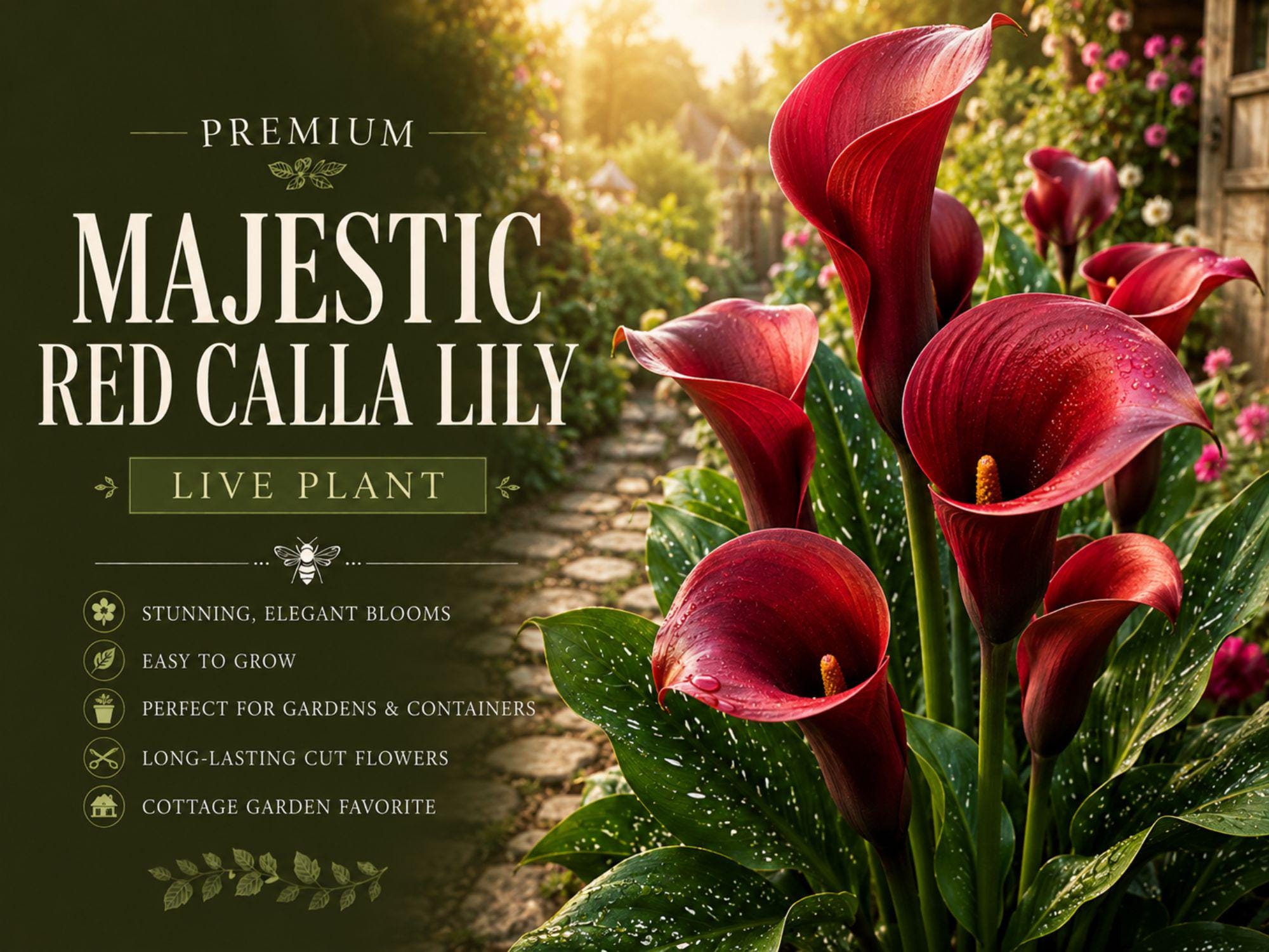 Majestic Red Calla Lily Rhizomes – Zantedeschia Flower Bulbs for Garden, Container, Landscape, Deep Red Blooms