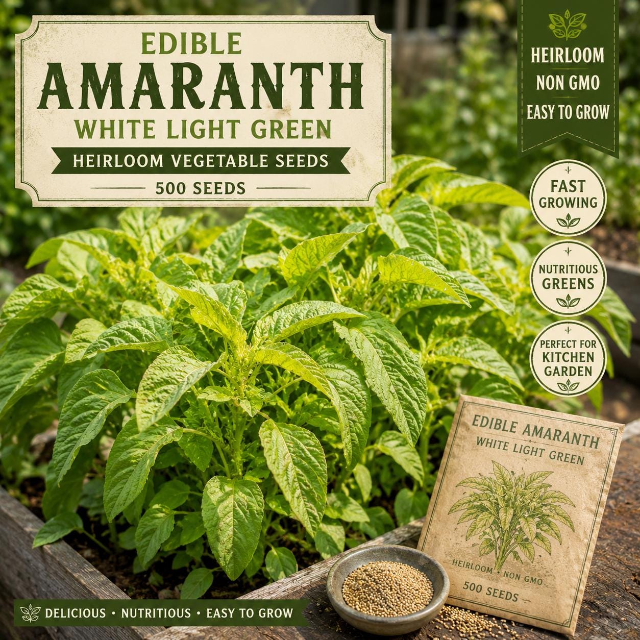 Edible Amaranth Seeds | White Light Green Heirloom Vegetable Greens | 500 Non-GMO Garden Seeds