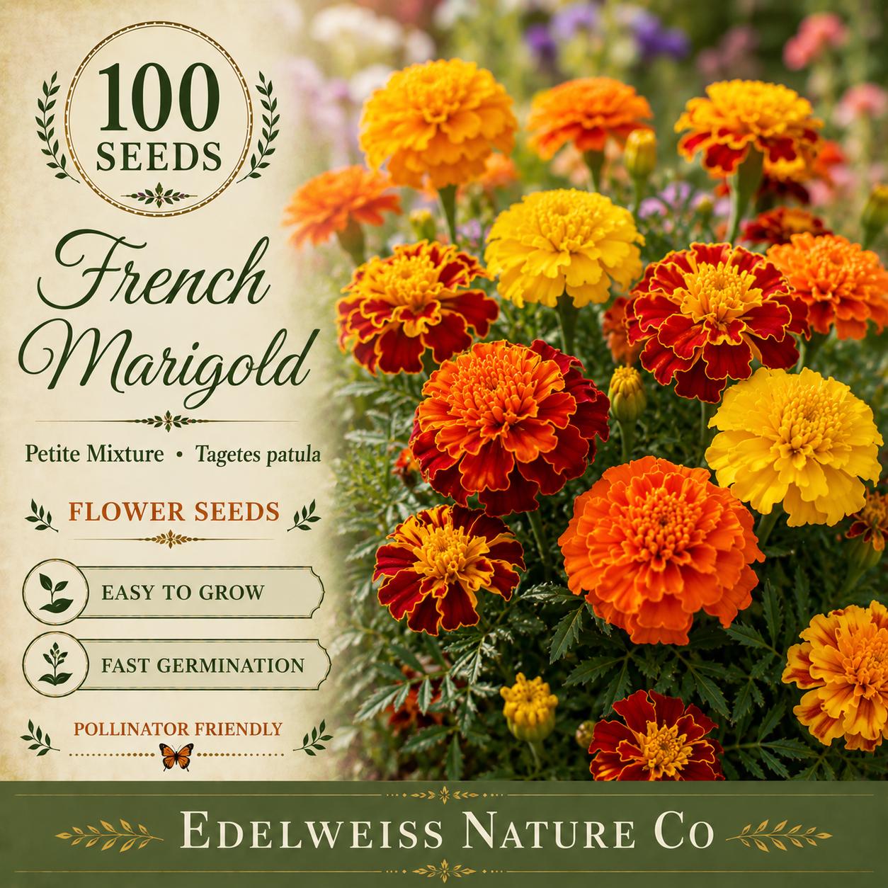 French Marigold Seeds – Petite Mix, Heirloom, Non-GMO, Tagetes patula, Bright Colorful Blooms for Borders & Containers