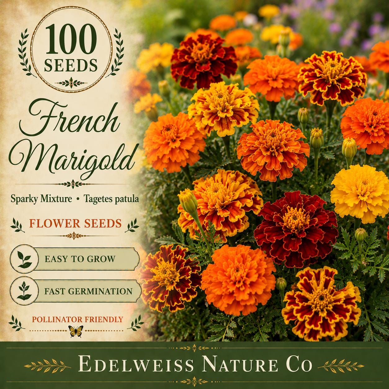 French Marigold Seeds – Sparky Mix, Heirloom, Non-GMO, Tagetes patula, Vibrant Red, Orange & Gold Flowers