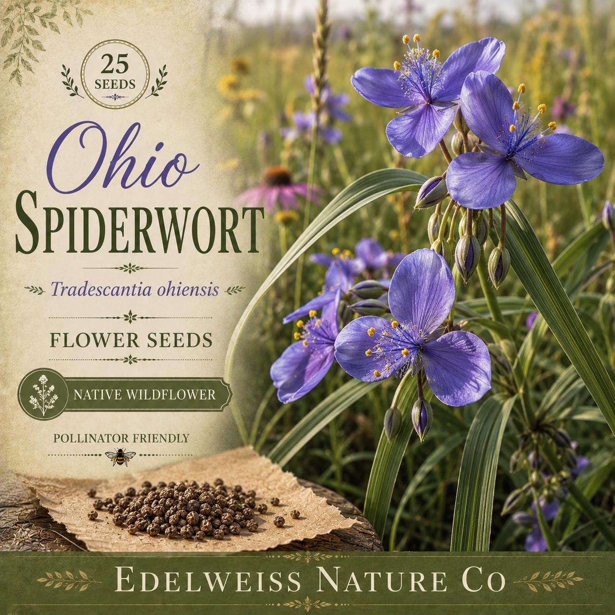 Tradescantia ohiensis Seeds – Ohio Spiderwort Native Perennial Flower, Blue Pollinator Garden Seeds, Heirloom, Non-GMO, 25 Seeds