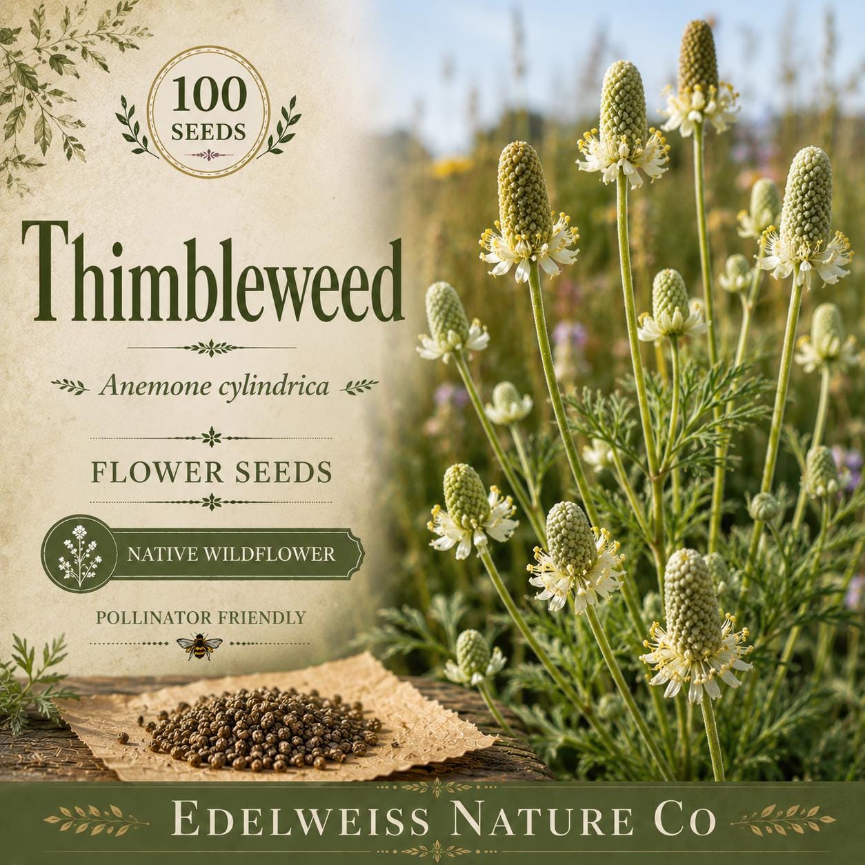 Anemone cylindrica Seeds – Thimbleweed Native Wildflower, Heirloom, Non-GMO, Pollinator Garden Plant, White Bloom, 100 Seeds