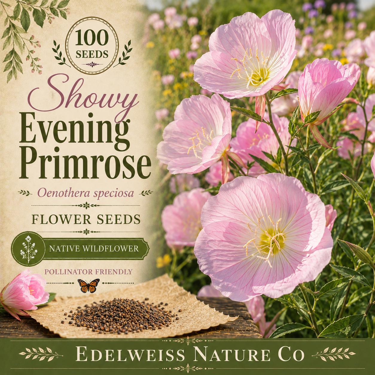 Oenothera speciosa Seeds – Showy Evening Primrose Pink Wildflower Garden Plant Non-GMO Heirloom