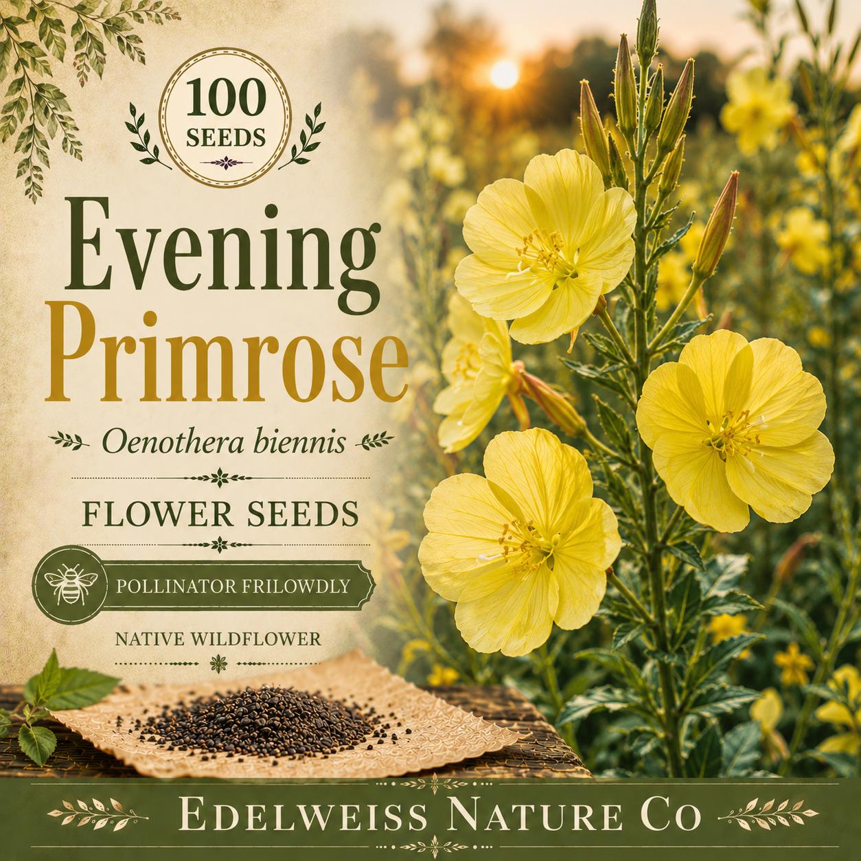 Oenothera biennis Evening Primrose Seeds – Heirloom Non-GMO Wildflower Pollinator Garden Plant, Yellow Bloom, 100 Seeds