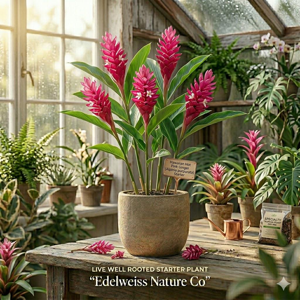 Hawaiian Hot Pink Ginger Plant | Alpinia purpurata | Tropical Flowering Ginger Starter | Exotic Ornamental Garden Plant