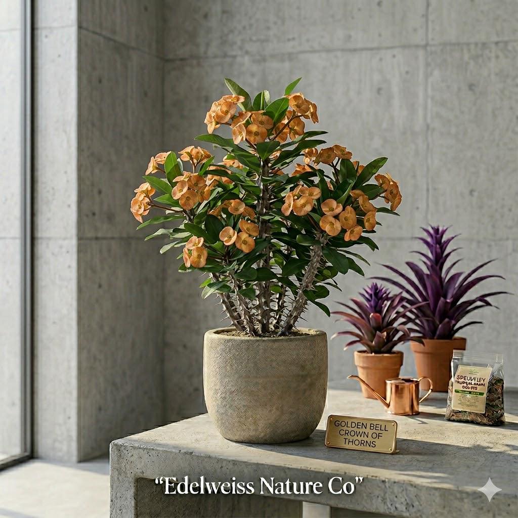 Golden Bell Crown of Thorns Starter Plant, Yellow Flowering Succulent, Euphorbia milii, Indoor & Patio Houseplant