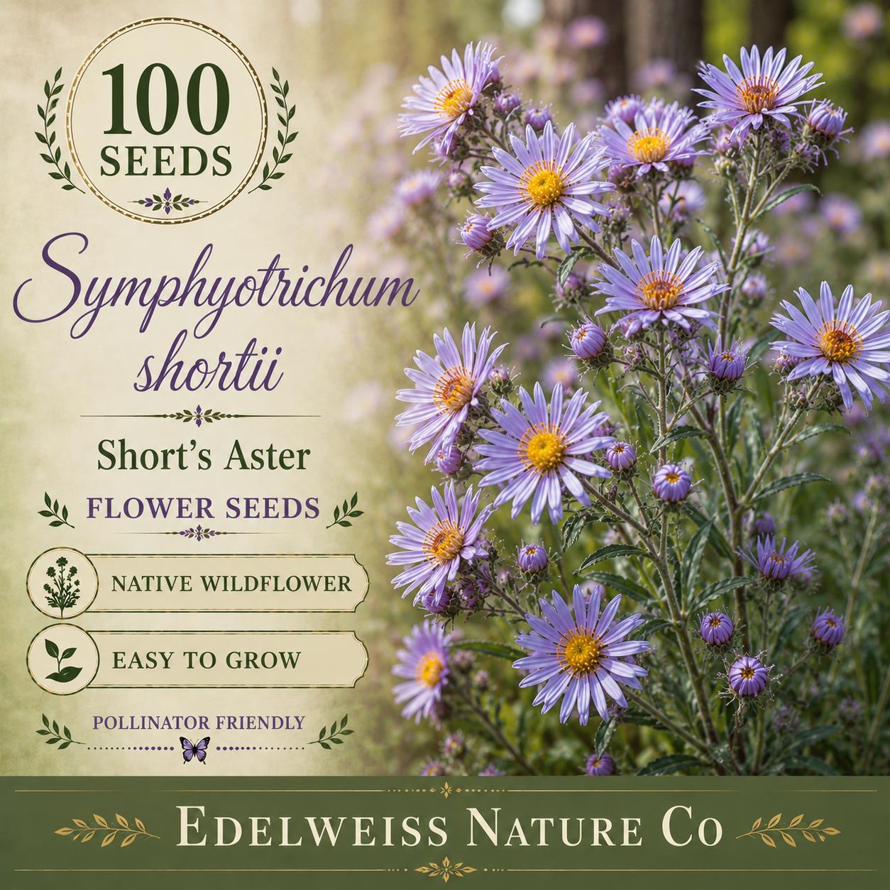 Symphyotrichum shortii Seeds – Heirloom Non-GMO Purple Aster for Pollinator Gardens, Fall Blooming Wildflower, 100 Seeds